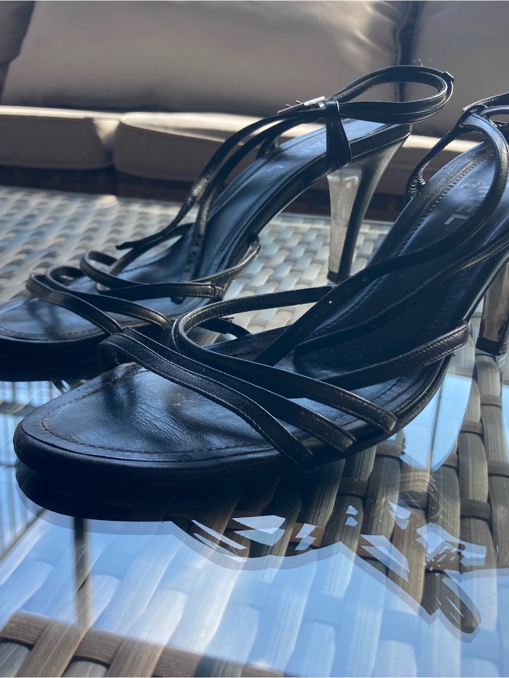 CHANEL Black Strappy Stiletto Sandals with Metallic Heels